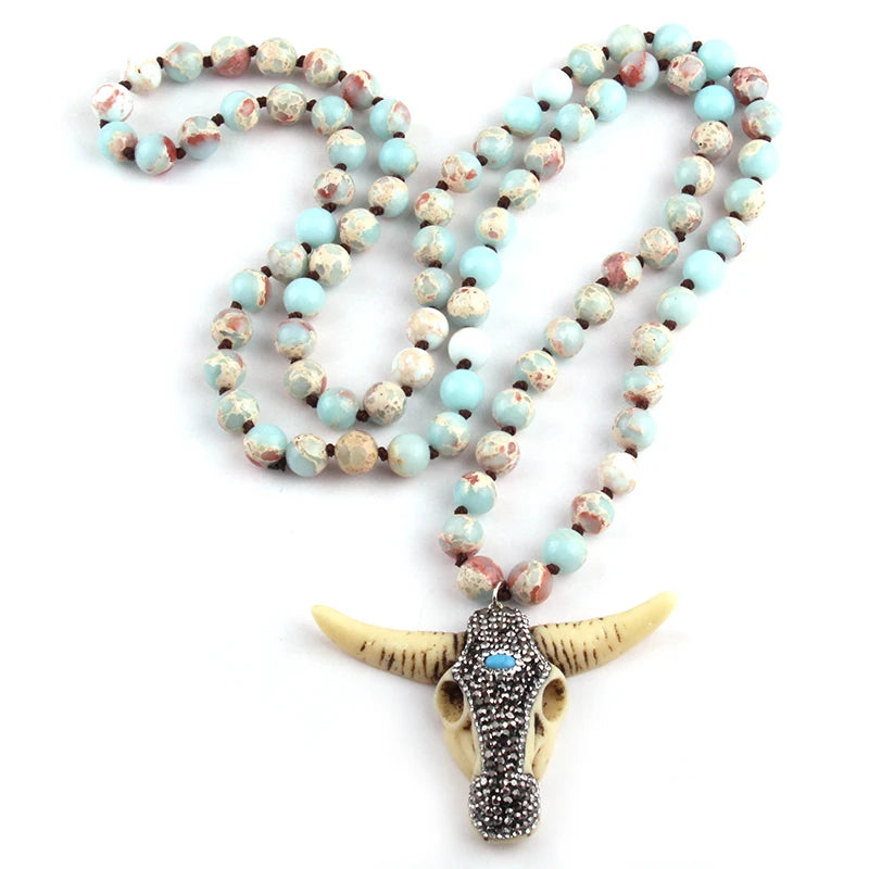 RH Fashion Boho Jewelry Empire Stones Long Knotted Bull Head Pendant Necklaces Dropship