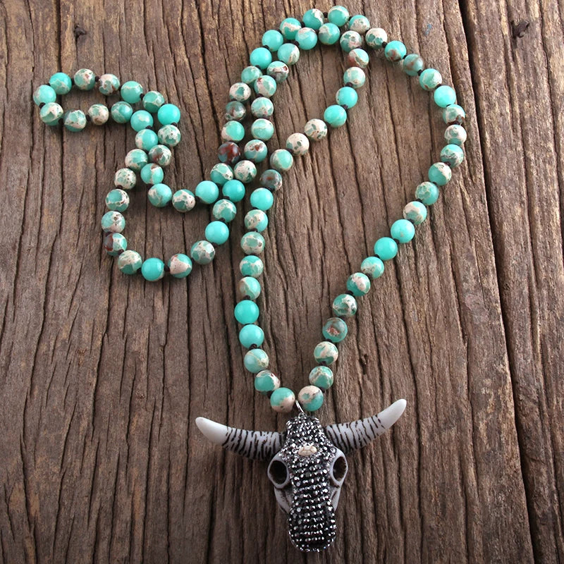 RH Fashion Boho Jewelry Empire Stones Long Knotted Bull Head Pendant Necklaces Dropship