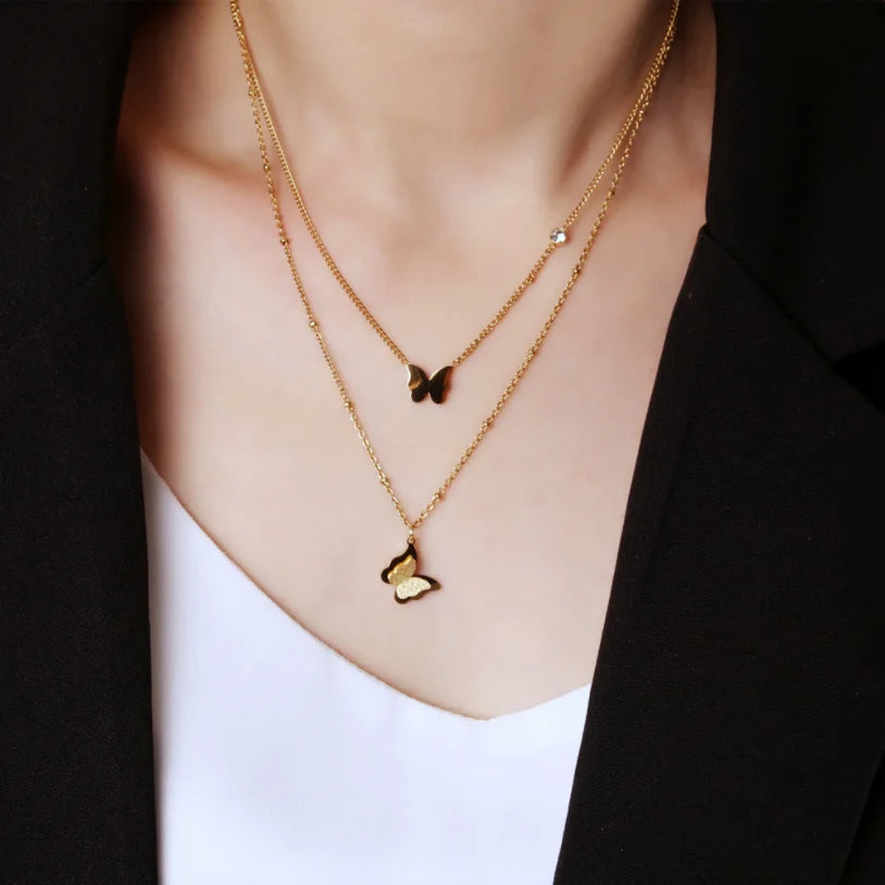 316L Stainless Steel New Fashion Upscale Jewelry 2 Layer Zircon Butterfly Charms Beaded Chain Choker Necklaces Pendant For Women