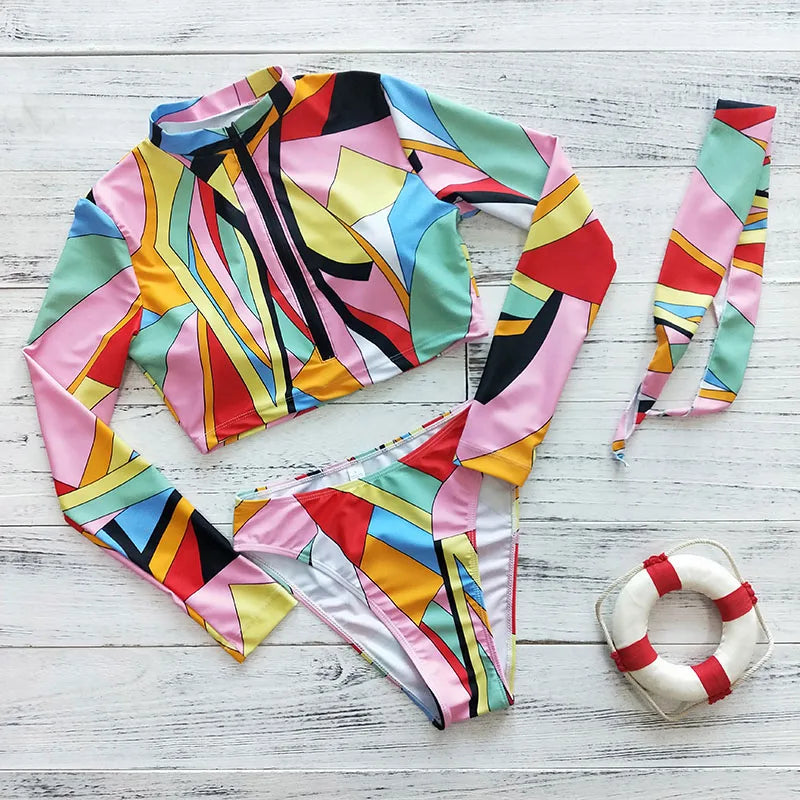 2023 Sexy Long Sleeve Bikinis Women Swimsuit Green Leaves Print Bathing Suits Beachwear Brazilian Bikini Set Biquini Female
