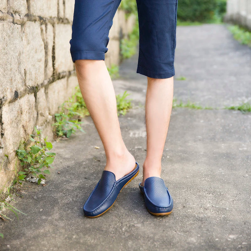 Summer Men's Shoes Casual Brand Mens Breathable Loafers Genuine Leather Half Slipper For Men Slip on Lazy Driving Shoe Moccasins