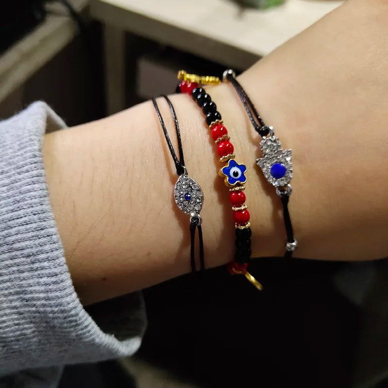 Lucky Handmade Vintage Rhinestone Palm Blue Evil Eye Pendant Link Chain Bracelet For Women Men Good Luck Bracelet Jewelry Gift