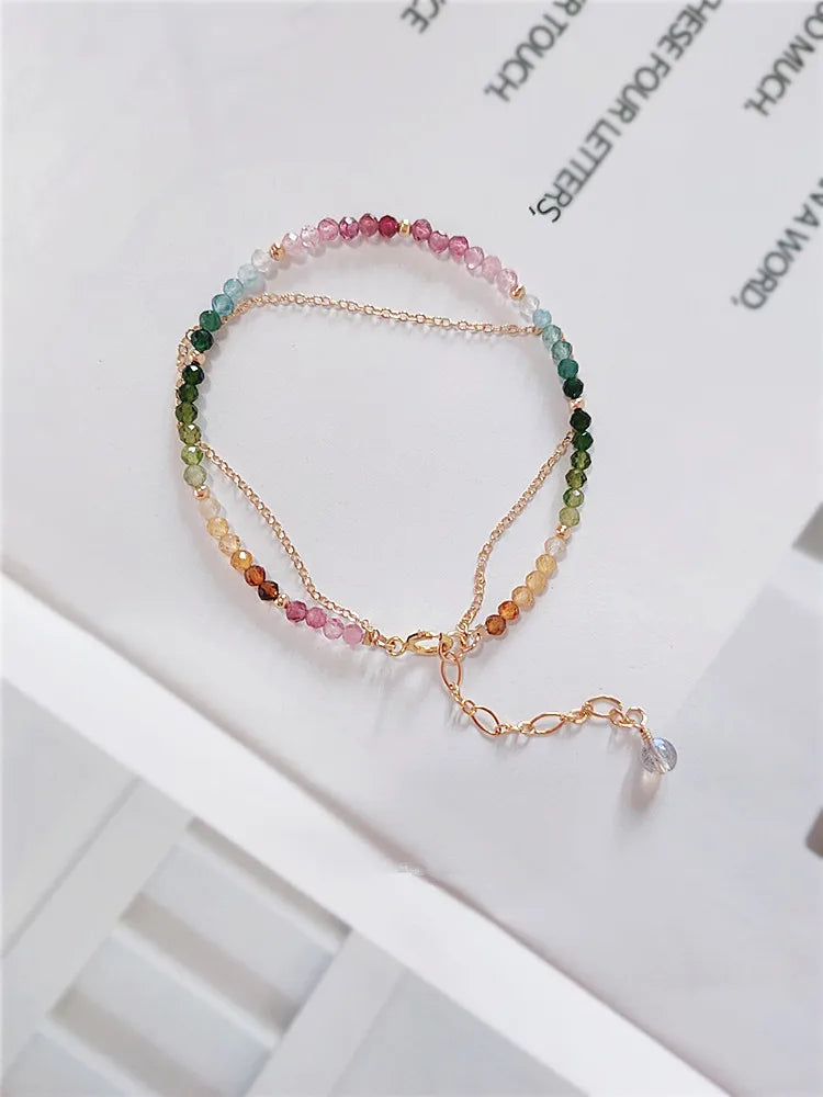 Natural Colorful Mix Tourmaline Bead Bracelet Handmade Women 14K Gold Filled Chain Double Layer Bracelet Semi Precious Jewelry