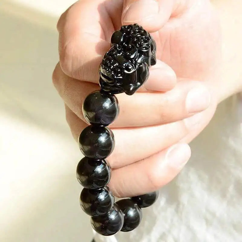 Feng Shui Obsidian Stone Beads Bracelet Wristband Gold Color Black Pixiu Wealth Good Luck Women Bracelet  Men Women Unisex