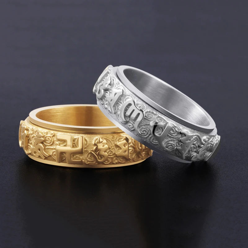 Rotatable Ring for Men Women Titanium Steel Buddhist Ring Om Mani Padme Hum