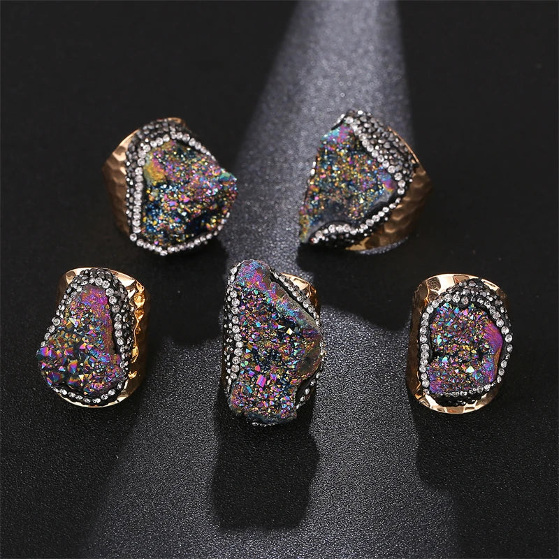 Irregular Micro Inlay Druzy Quartz Stone Open Ring for Women Gold Plated Boho Finger Jewelry Resizable