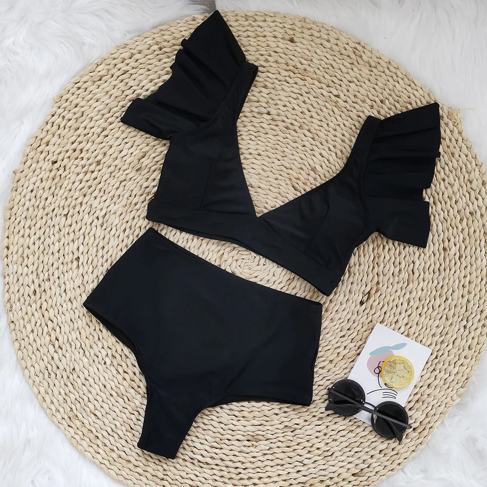 Ruffle Swimsuit 2024 New High Waist Bikini Solid Swimwear Women Sexy Bikinis Push Up Swim Wear Female Bathing Suit Beachwear