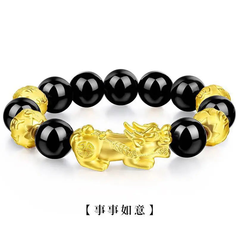 Feng Shui Obsidian Stone Beads Bracelet Wristband Gold Color Black Pixiu Wealth Good Luck Women Bracelet  Men Women Unisex