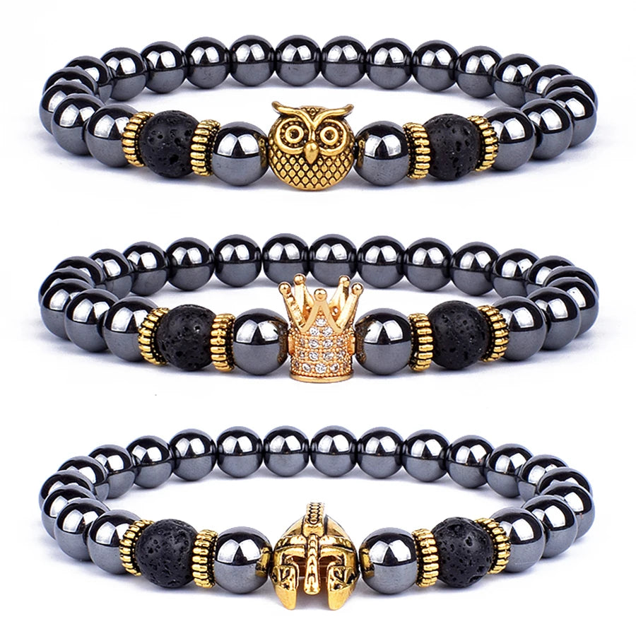 Fashion Obsidian Lion Head Charm Bracelets Men Lava Stone Zircon Prism Bracelets & Bangles for Women New Friendship Jewelry Gift
