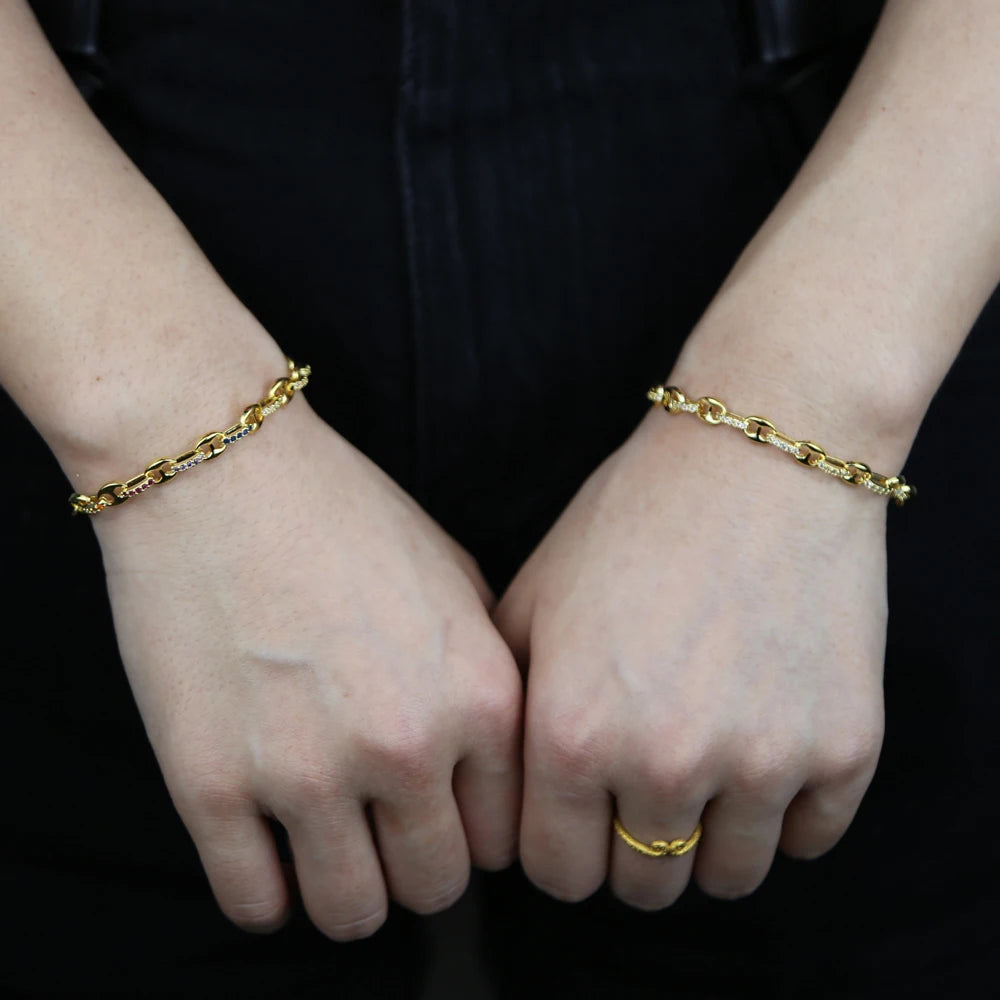 White Rainbow Cz Paved Link Cuban Chain Bracelet For Women Miami Boho Style Thick Gold Color Charm Bracelet Fashion Jewelry