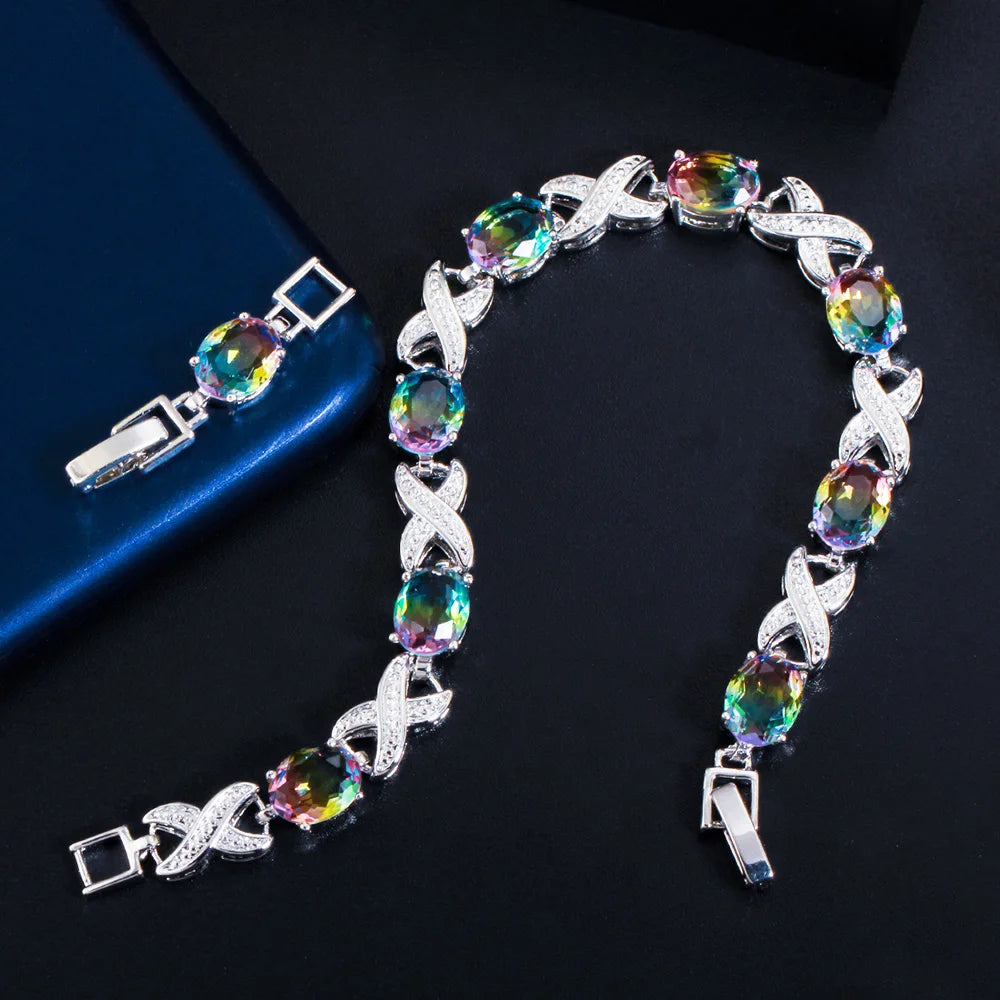 Pera Trendy Cross Oval Rainbow Cubic Zirconia Silver Color Tennis Chain Link Bracelet for Ladies Wedding Party Jewelry Gift B199