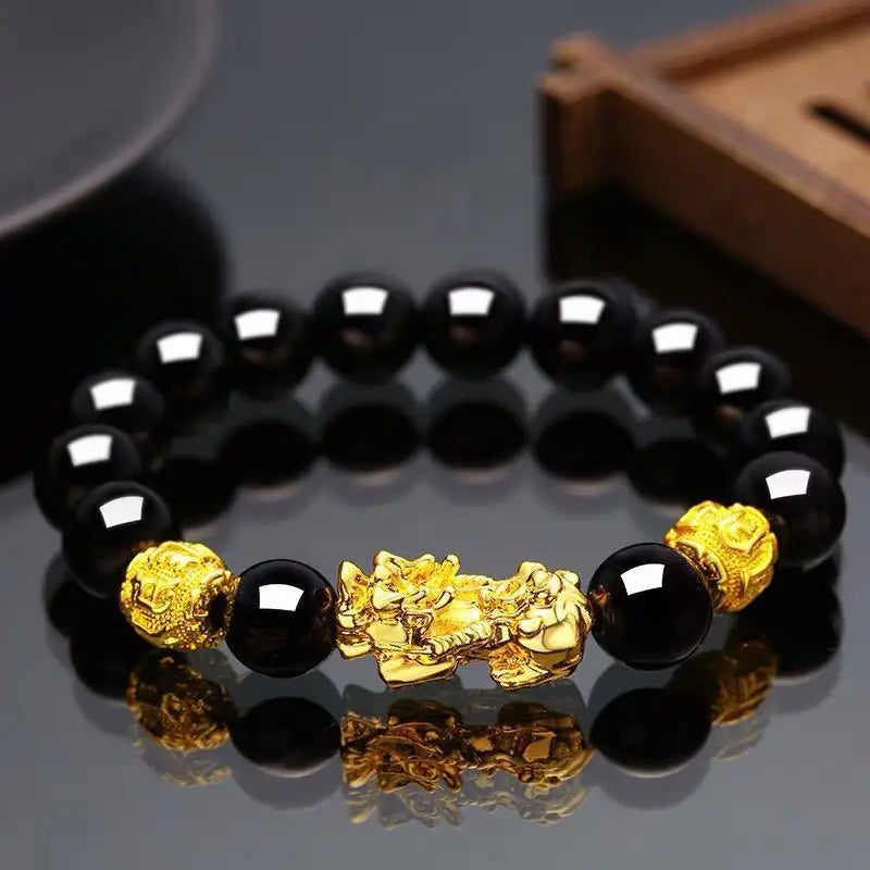 Feng Shui Obsidian Stone Beads Bracelet Wristband Gold Color Black Pixiu Wealth Good Luck Women Bracelet  Men Women Unisex