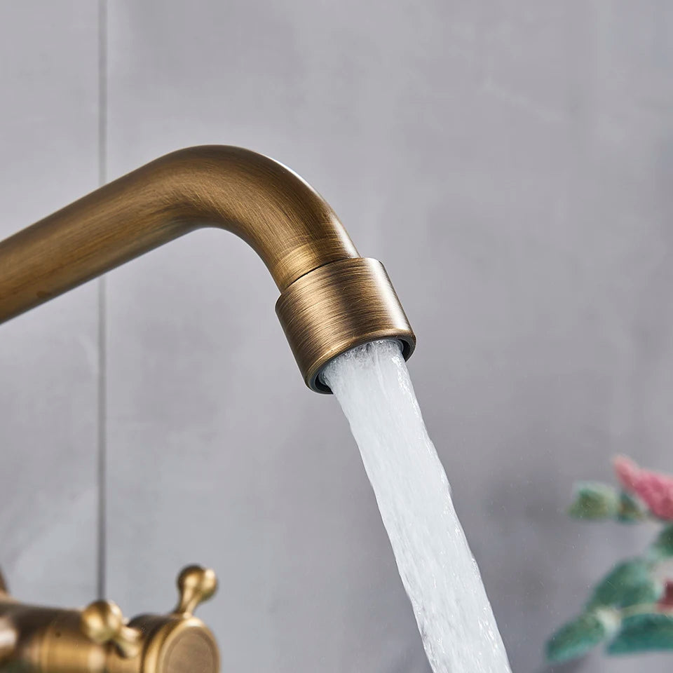 Antique Brass Kitchen Faucet Hot And Cold Water Mixer Faucets Wall Mounted Tap Vessel Sink Mixer Tap Swivel Spout Basin Mixer