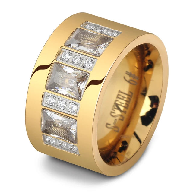 New Arrival Gold-Color Ring Bijoux 14mm Width Big Pave Setting CZ Zicon engagement Ring For Women Wedding  Jewelry