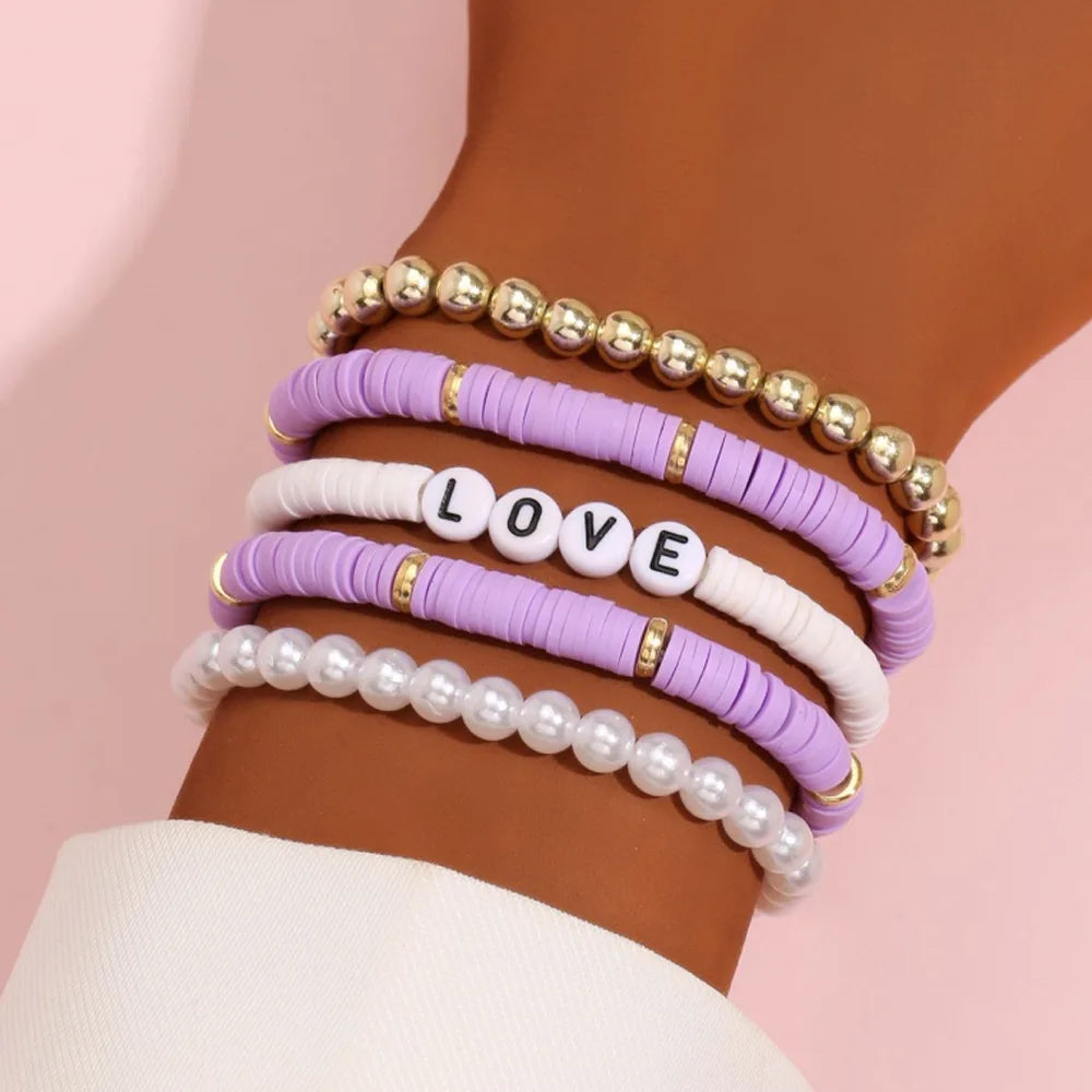 Fashion Rainbow Stackable Bracelets Set For Women Heart Charm Soft Clay Pottery Layering Beads Chain Bangle Female Boho Jewelry
