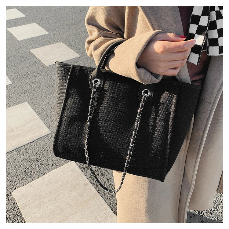 Women Tote Bag Fashion Canvas Large Capacity Handbag Casual Chains Shoulder Bags Ladies Big Messenger Bag Shopping Bag
