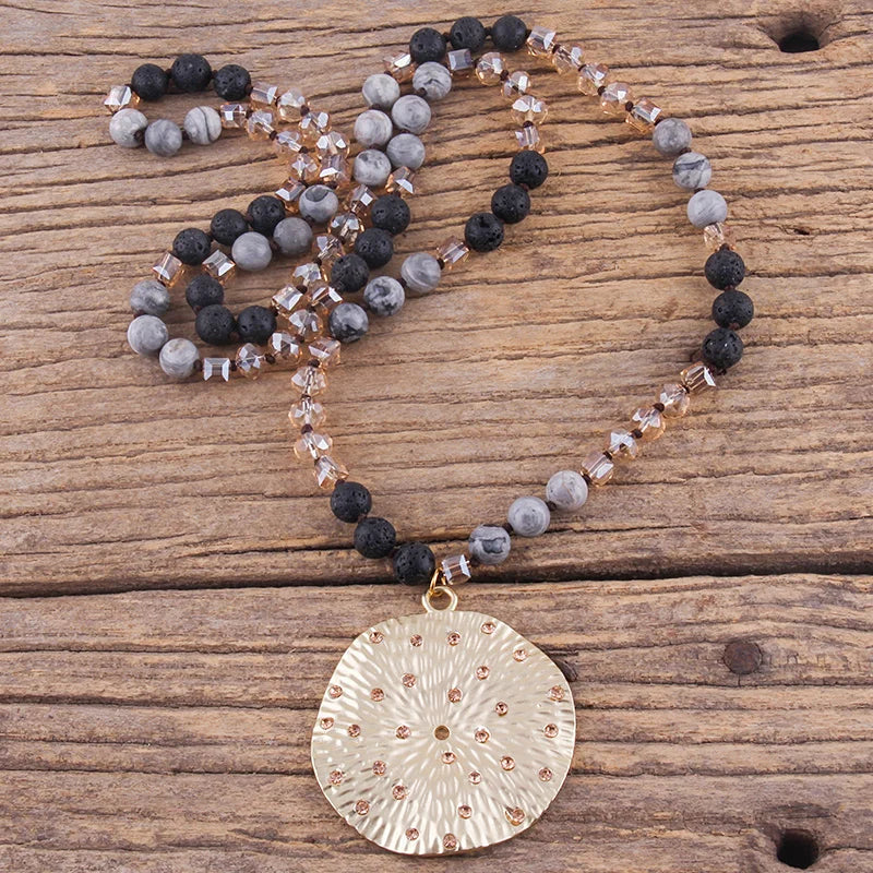 RH Fashion Bohemian Jewelry Natural Stones With Glass Links Crystal Round Pendant Necklaces For Women Boho Gift