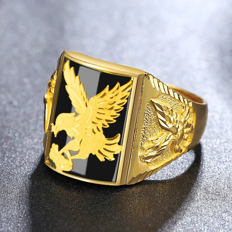 Punk Rock Eagle Men 's Ring Black Stone Gold Color Resizable To 7-11 Finger Jewelry Never Fade