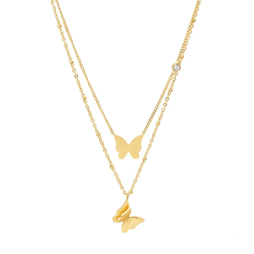 316L Stainless Steel New Fashion Upscale Jewelry 2 Layer Zircon Butterfly Charms Beaded Chain Choker Necklaces Pendant For Women