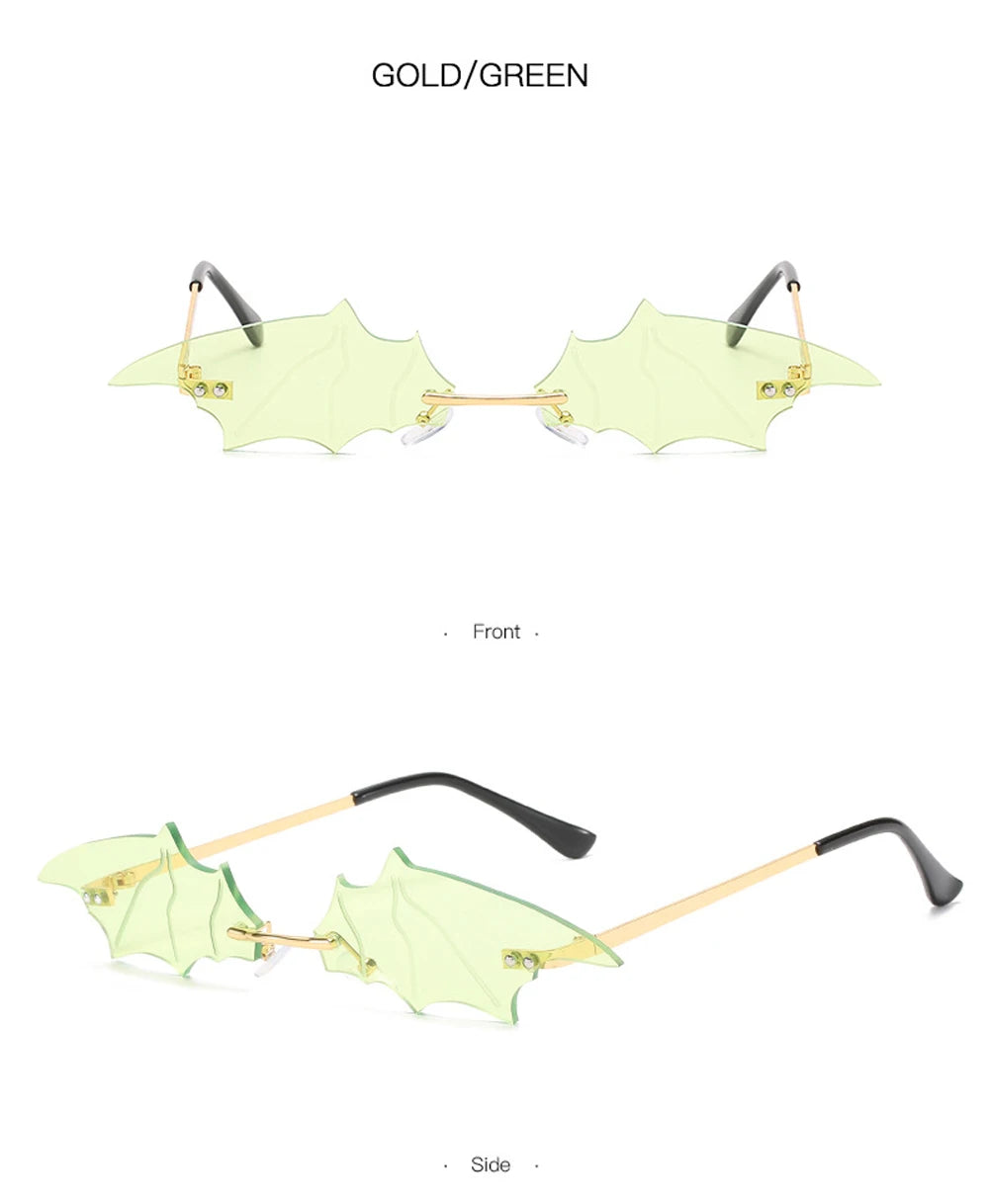 Fashion Rimless Men Sunglasses Women Trendy Bat Shaped Sun Glasses Female Male Vintage Black Mirror Shades Metal Oculos De Sol
