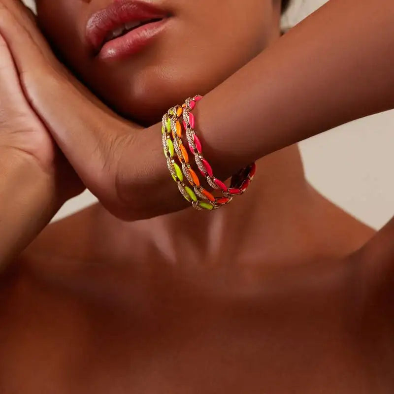 Top Quality Trendy Women Lady Jewelry Gold Color Fluorescent 7 Neon Enamel Rainbow Bead Chain Bracelet