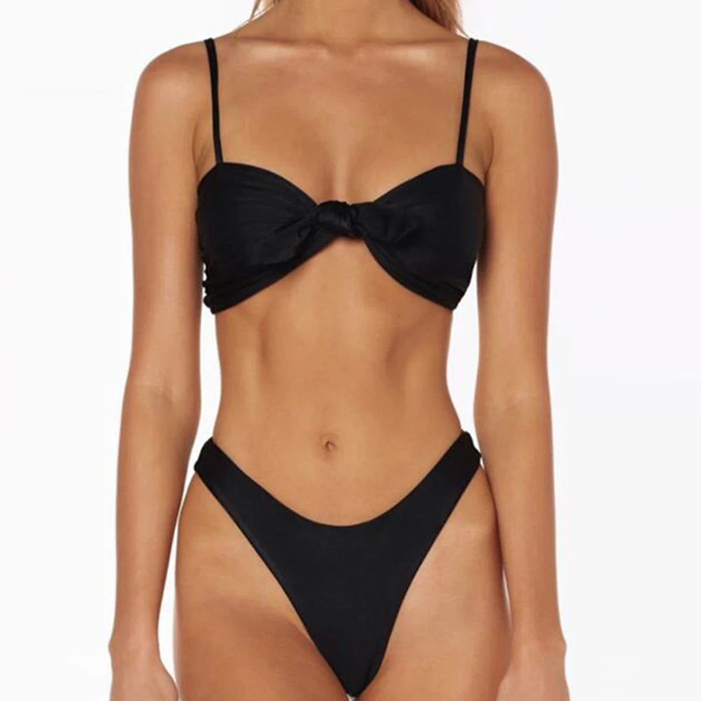 ZTVitality Sexy Solid Bow Bikinis Push Up Bikini 2021 Straps Padded Low Waist Swimsuit Bandage Swimwear Women Brazilian Biquini