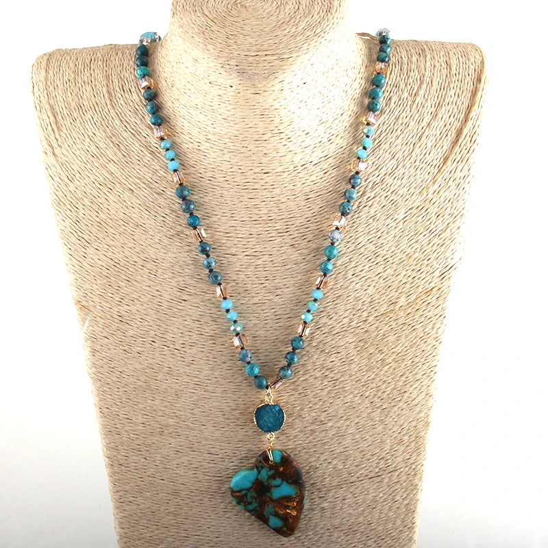 Fashion Bohemian Jewelry Boho Gift Natural Stones With Druzy Links Heart Stone Pendant Necklaces For Women