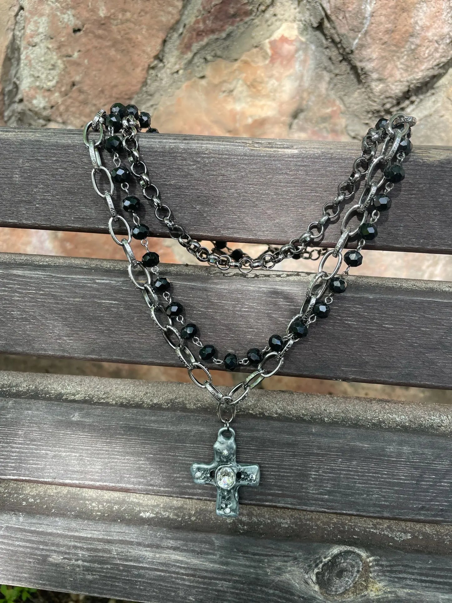 Fashion Bohemian Tribal Jewelry 3 Layer Multiple Black Glass Crystal Rosary Link & Chain Cross Pendant Necklaces