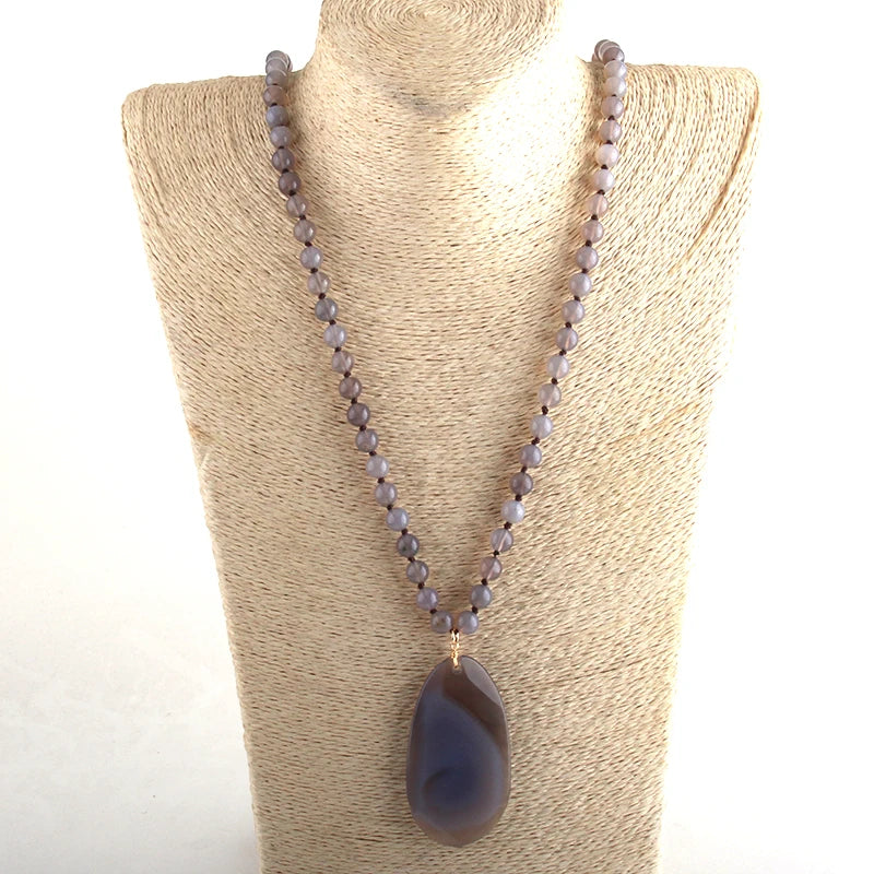 Fashion  Jewelry Natural Beads Long Knotted Semi Precious Pendant Necklaces For Women Bead necklace
