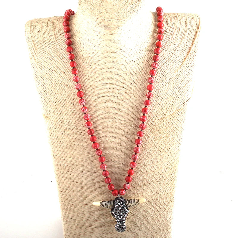 RH Fashion Boho Jewelry Empire Stones Long Knotted Bull Head Pendant Necklaces Dropship