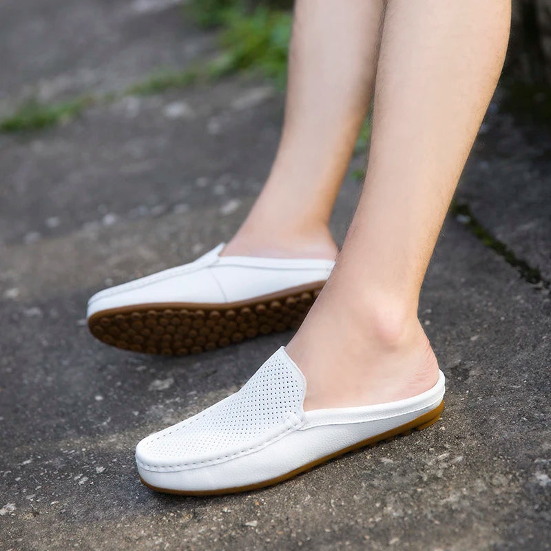 Summer Men's Shoes Casual Brand Mens Breathable Loafers Genuine Leather Half Slipper For Men Slip on Lazy Driving Shoe Moccasins