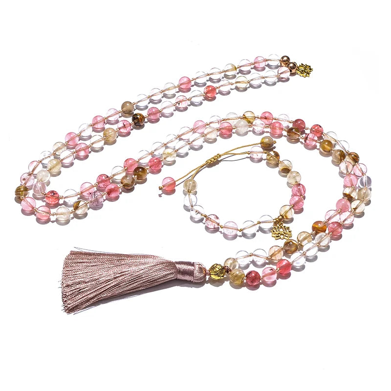 8mm Watermelon Tourmaline Japamala Necklace Meditation Yoga Tibetan Jewelry Bracelet Set 108 Beaded Rosary Golden Lotus Charm