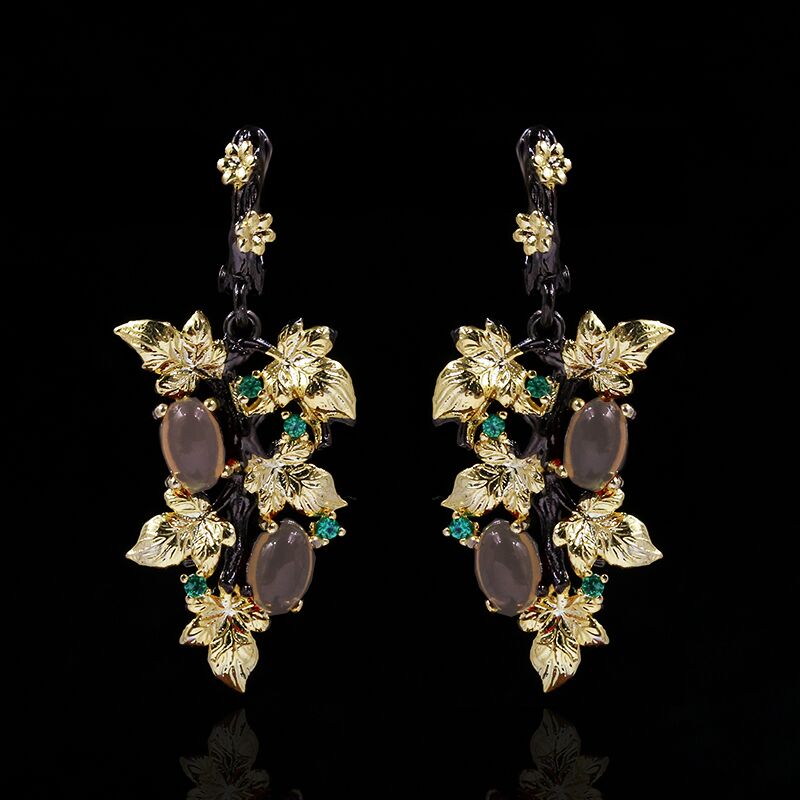 New Elegant Black Gold Ruby Pendant Flower Leaf 925 Silver Earrings Crystal Gemstone Ladies Jewelry Earrings Silver 925 Jewelry