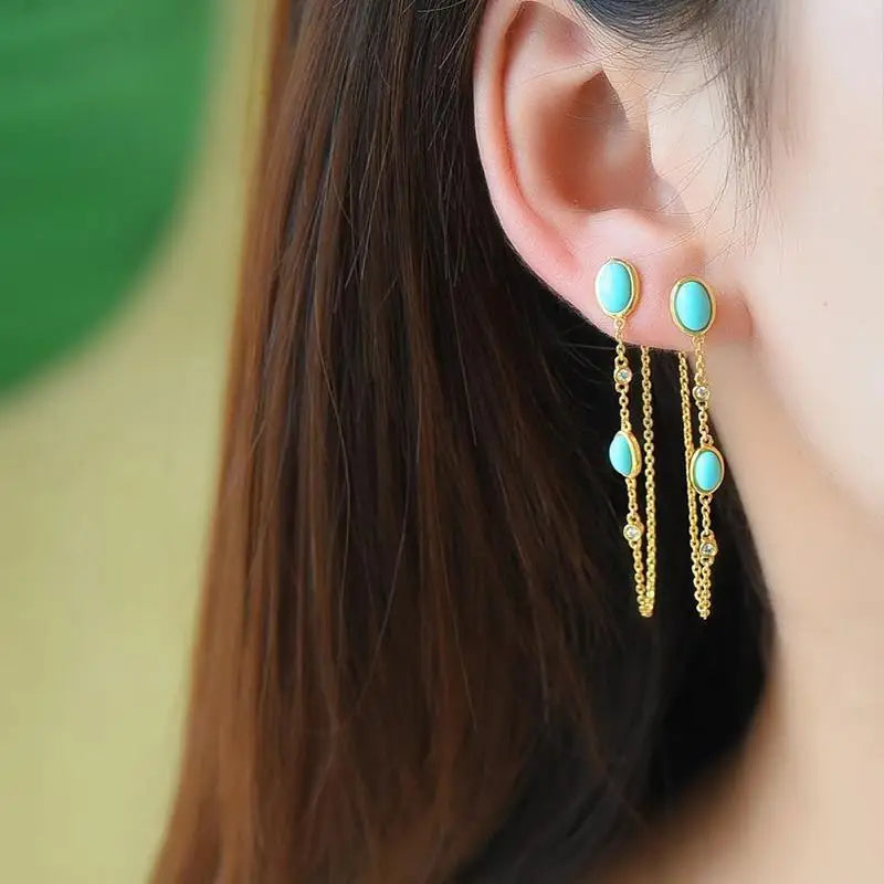 New original Turquoise long Tassel Earrings Chinese style retro unique ancient gold craft light luxury Christmas gift