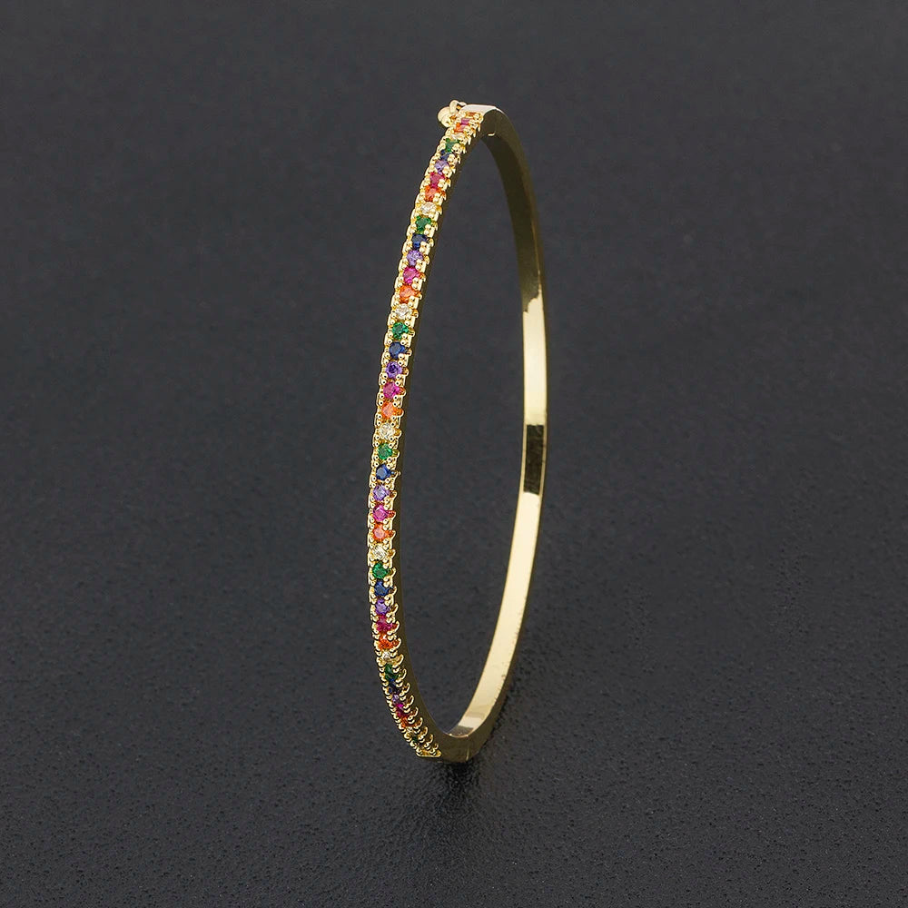 Nidin New Design High Quality Charm Rainbow Bracelet Copper Zirconia Rhinestone Cuff Bangle Trendy Jewelry Gift For Women Girls