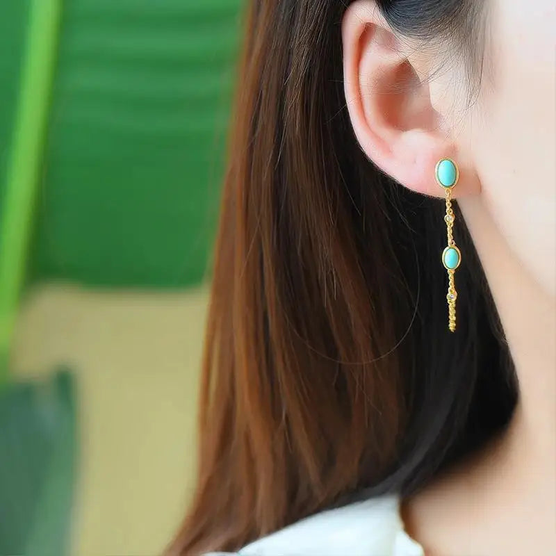 New original Turquoise long Tassel Earrings Chinese style retro unique ancient gold craft light luxury Christmas gift