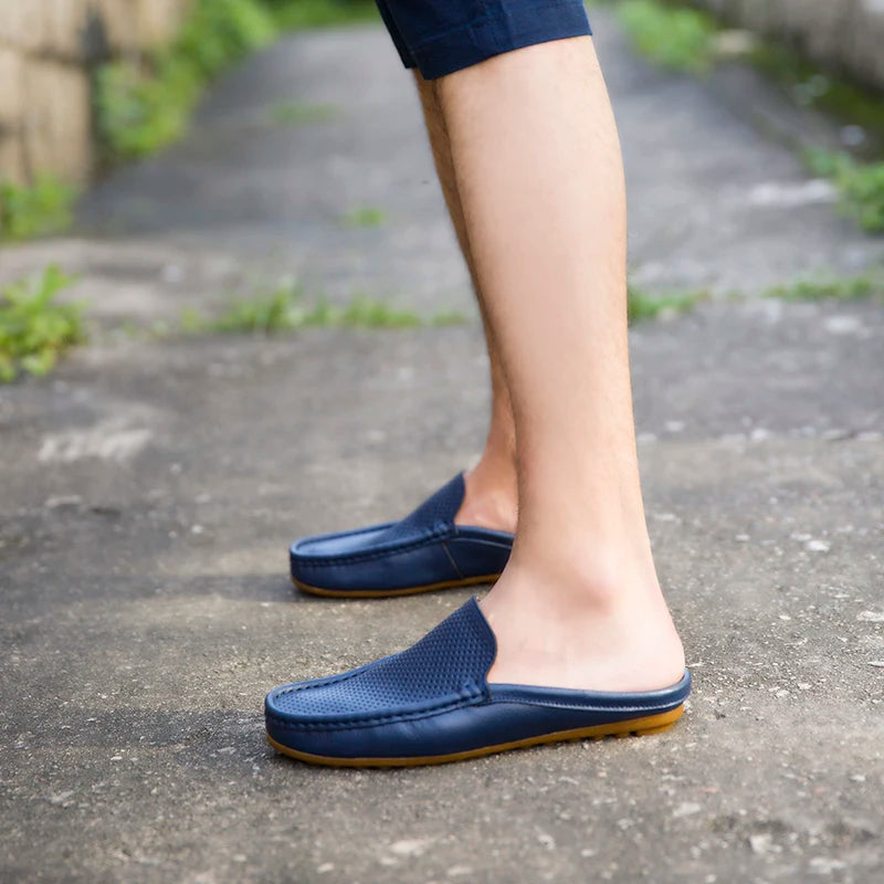 Summer Men's Shoes Casual Brand Mens Breathable Loafers Genuine Leather Half Slipper For Men Slip on Lazy Driving Shoe Moccasins