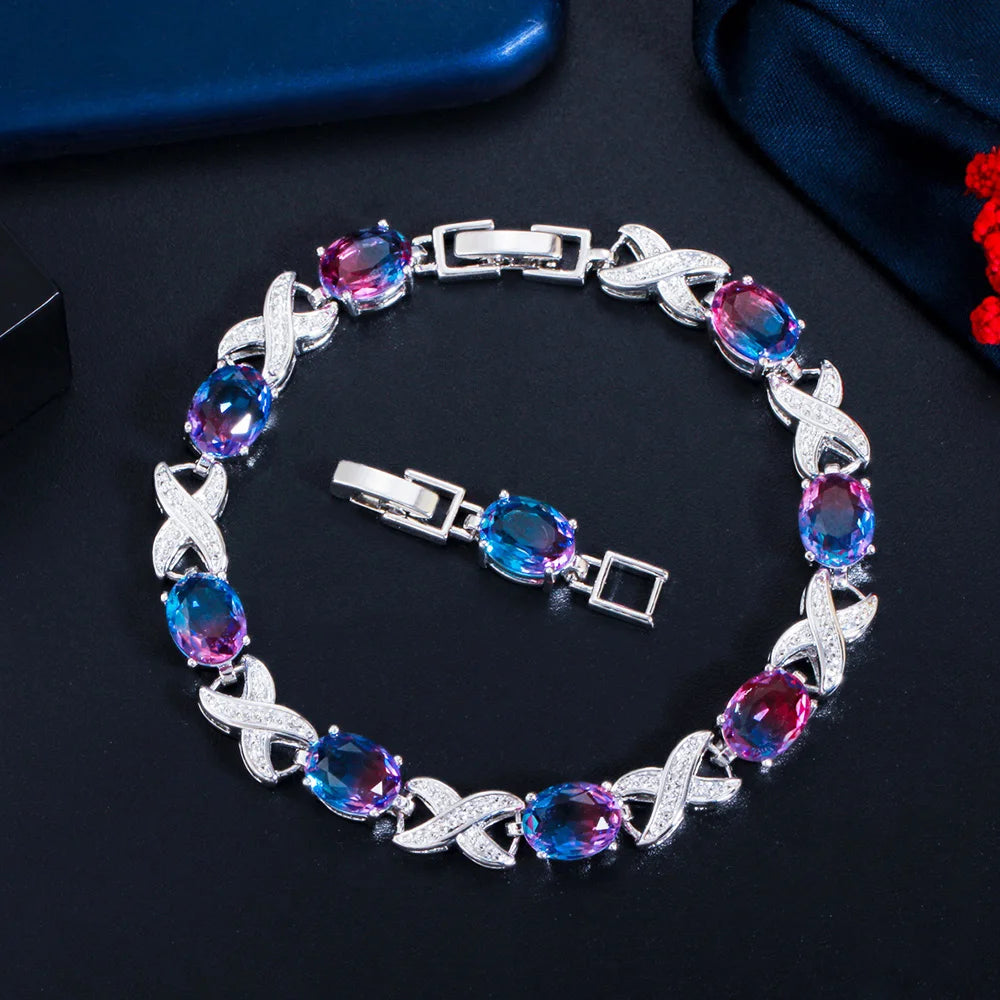 Pera Trendy Cross Oval Rainbow Cubic Zirconia Silver Color Tennis Chain Link Bracelet for Ladies Wedding Party Jewelry Gift B199