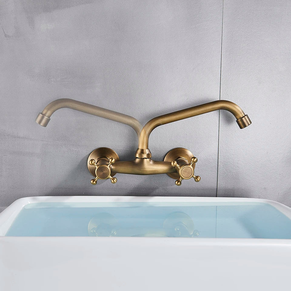 Antique Brass Kitchen Faucet Hot And Cold Water Mixer Faucets Wall Mounted Tap Vessel Sink Mixer Tap Swivel Spout Basin Mixer
