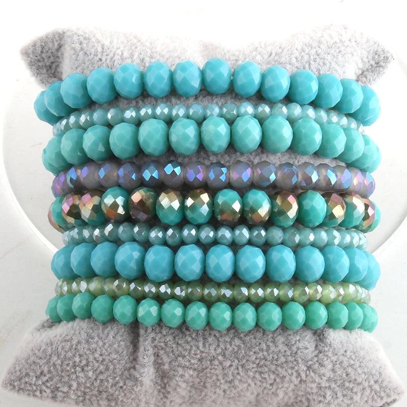 Fashion Designer Beaded Bracelet Set 9pc Glass Crystal Multi Stack Bracelets Set For Women Jewelry