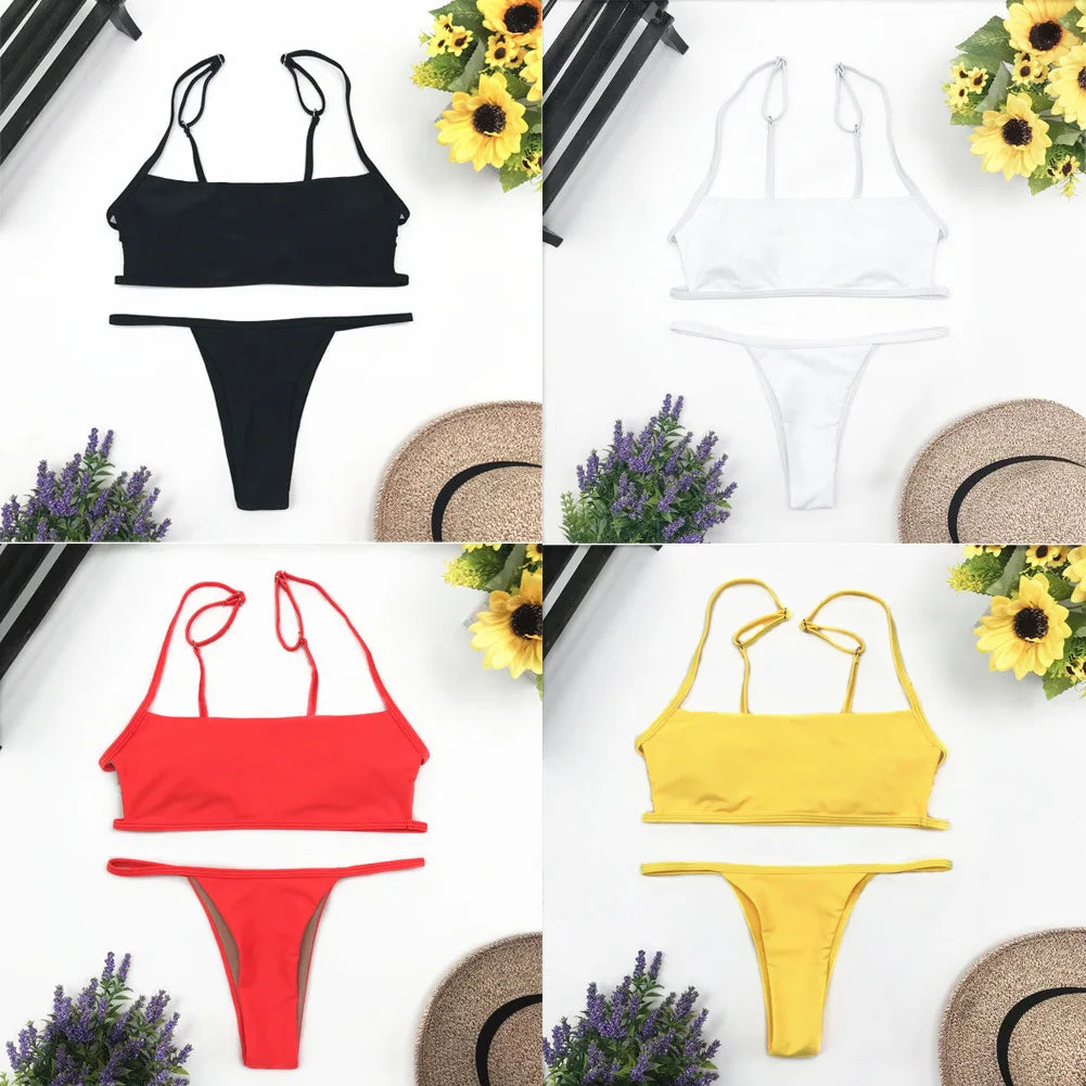 Sexy Stripe Print Swimsuit for Women Solid Tube Top Bathing Suit High Cut Bikini Set Backless Beachwear Brazilian Swimwear Summe