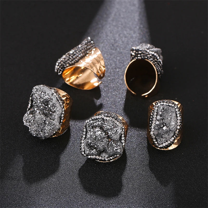 Irregular Micro Inlay Druzy Quartz Stone Open Ring for Women Gold Plated Boho Finger Jewelry Resizable