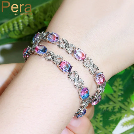 Pera Trendy Cross Oval Rainbow Cubic Zirconia Silver Color Tennis Chain Link Bracelet for Ladies Wedding Party Jewelry Gift B199