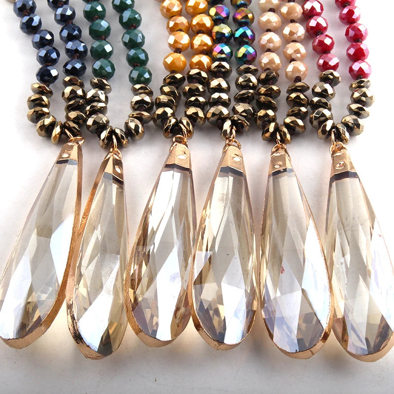 Fashion Bohemian Tribal Jewelry Crystal / Hematite Long Knotted Long Glass Drop Pendant Necklaces