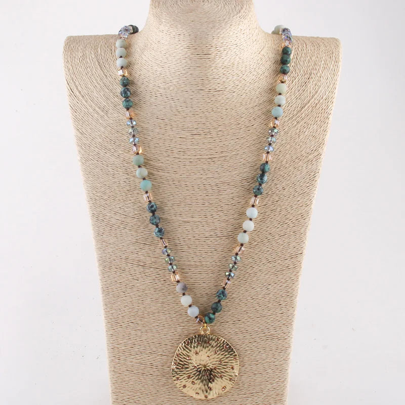 RH Fashion Bohemian Jewelry Natural Stones With Glass Links Crystal Round Pendant Necklaces For Women Boho Gift