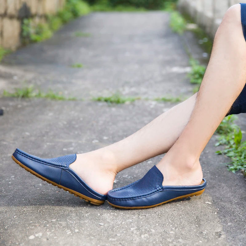 Summer Men's Shoes Casual Brand Mens Breathable Loafers Genuine Leather Half Slipper For Men Slip on Lazy Driving Shoe Moccasins