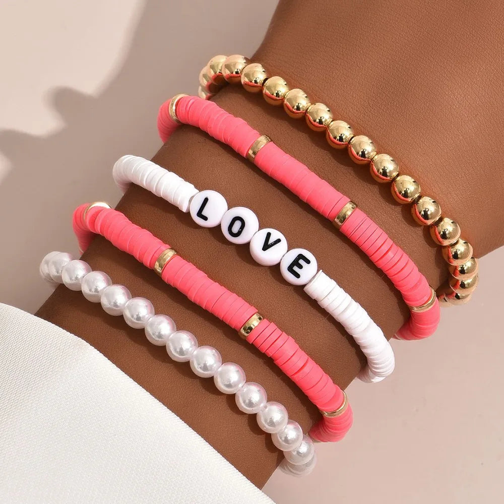 Fashion Rainbow Stackable Bracelets Set For Women Heart Charm Soft Clay Pottery Layering Beads Chain Bangle Female Boho Jewelry