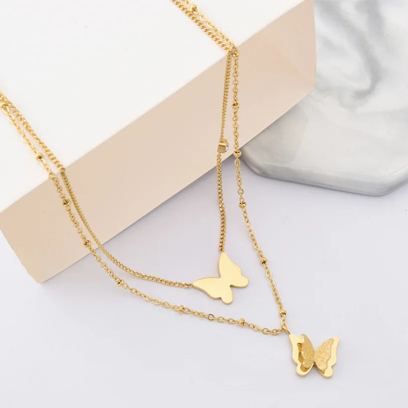 316L Stainless Steel New Fashion Upscale Jewelry 2 Layer Zircon Butterfly Charms Beaded Chain Choker Necklaces Pendant For Women