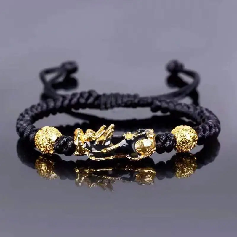 Feng Shui Obsidian Stone Beads Bracelet Wristband Gold Color Black Pixiu Wealth Good Luck Women Bracelet  Men Women Unisex