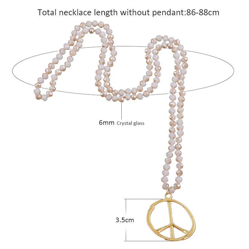 Fashion Boho Jewelry Accessory 6mm Glass Knotted With Metal Peace Pendant Necklaces For Women Femme Bohemia Necklace Gift